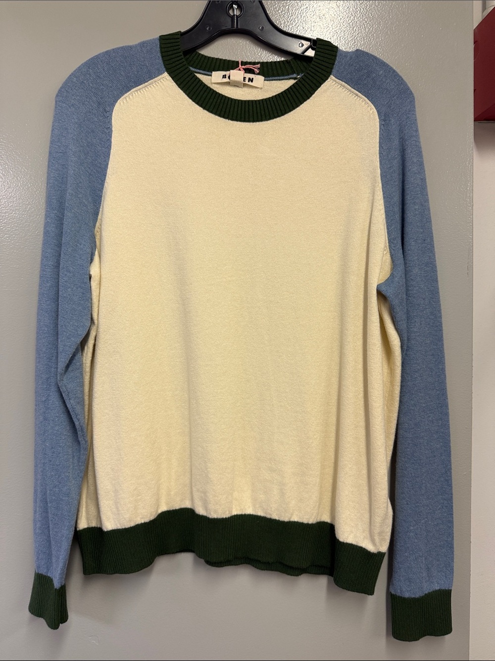 Boden Cream Crewneck Sweater with Blue Sleeves and Green Trim